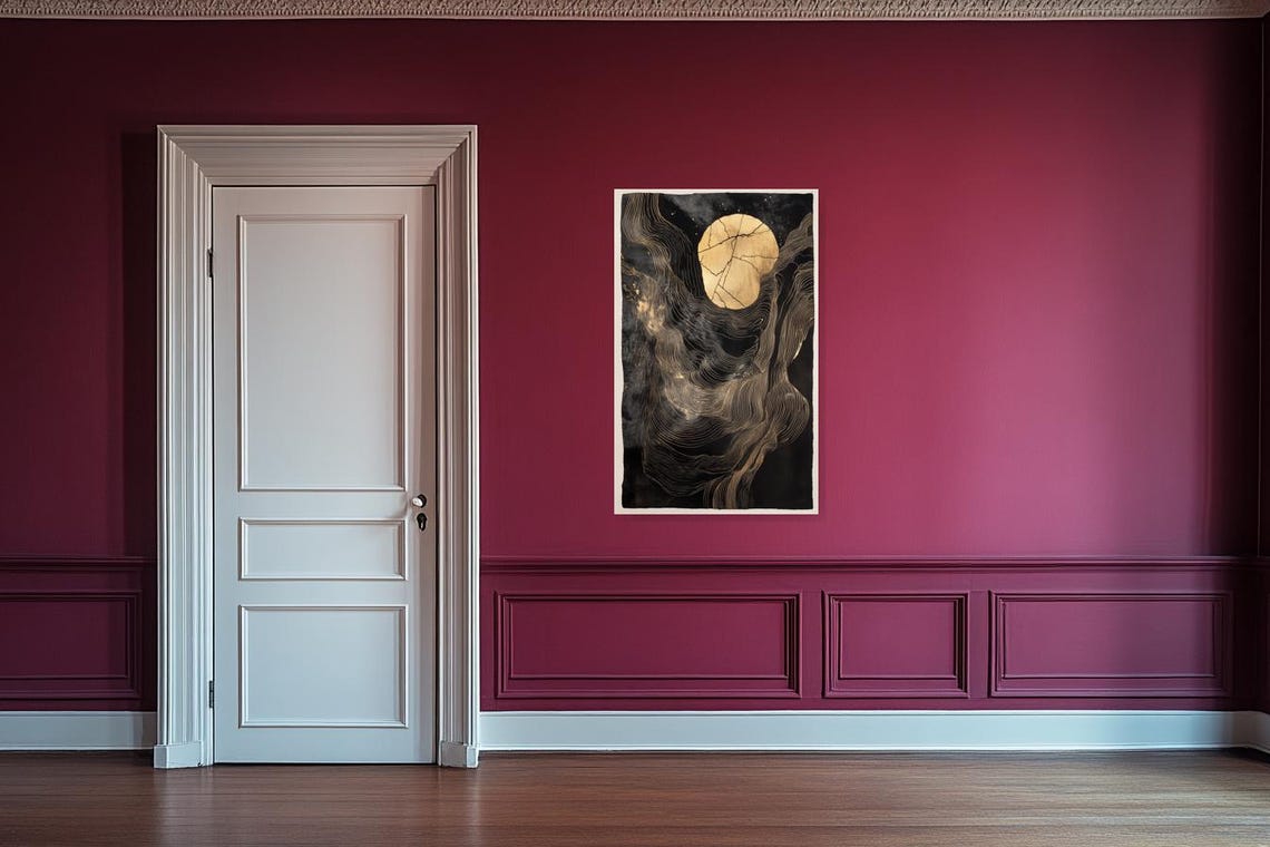 Black and Gold Abstract Moon with Flowing Golden Lines Poster - Image 2