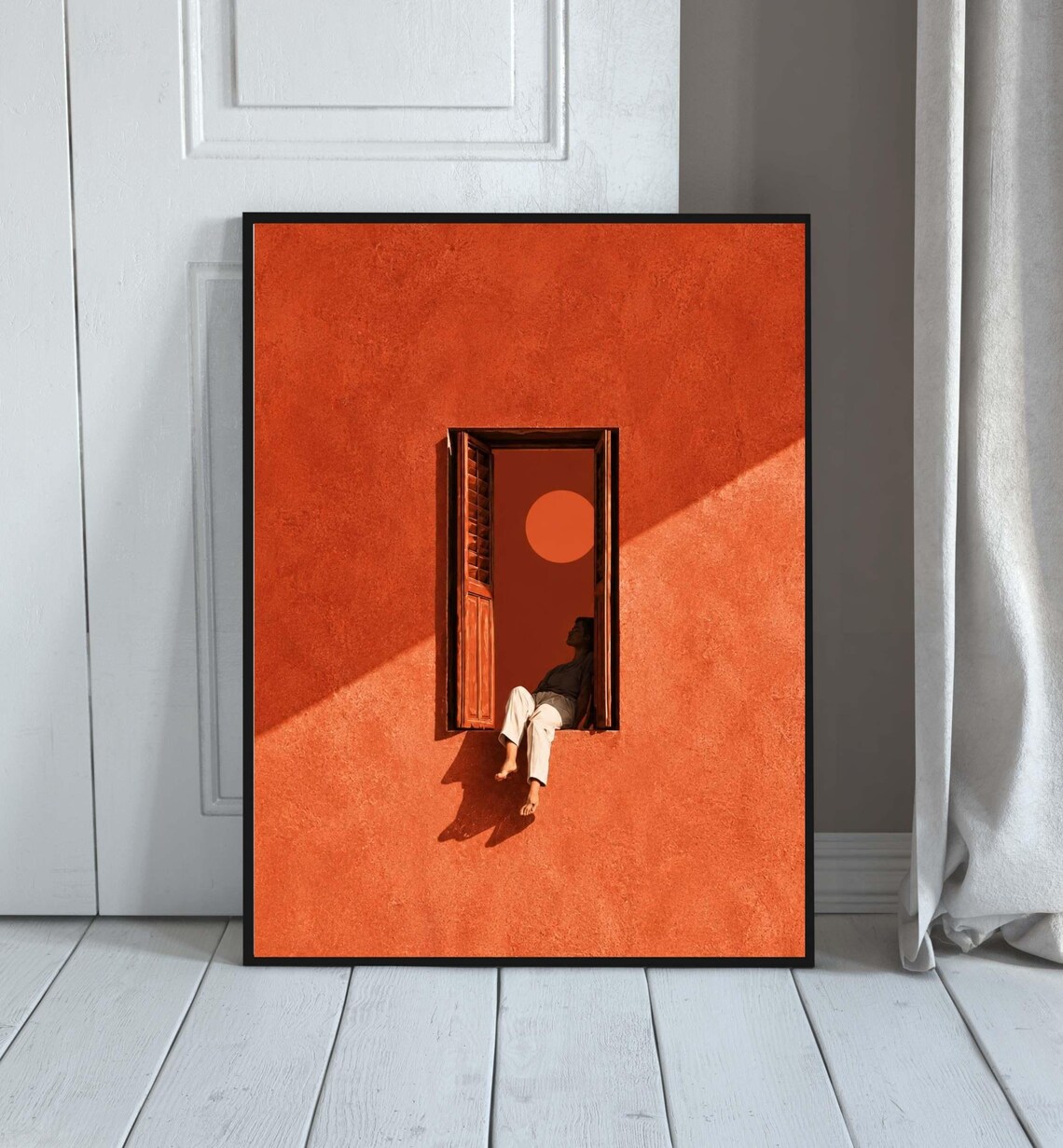 Terracotta Window Poster Woman Sitting Sunlit Orange Wall Decor
