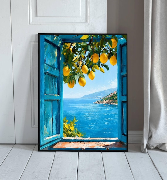 Mediterranean Lemon Tree Window Blue Sea Italian Coast Style Poster Art