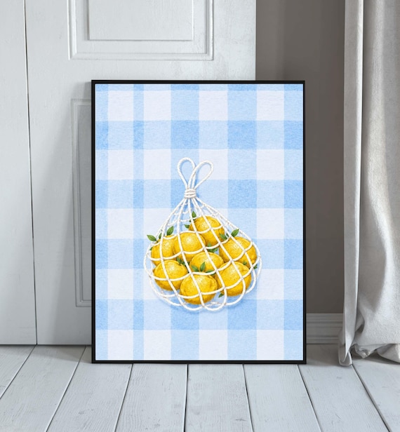 Lemon Net Bag Poster Blue Gingham Citrus Kitchen Market Decor