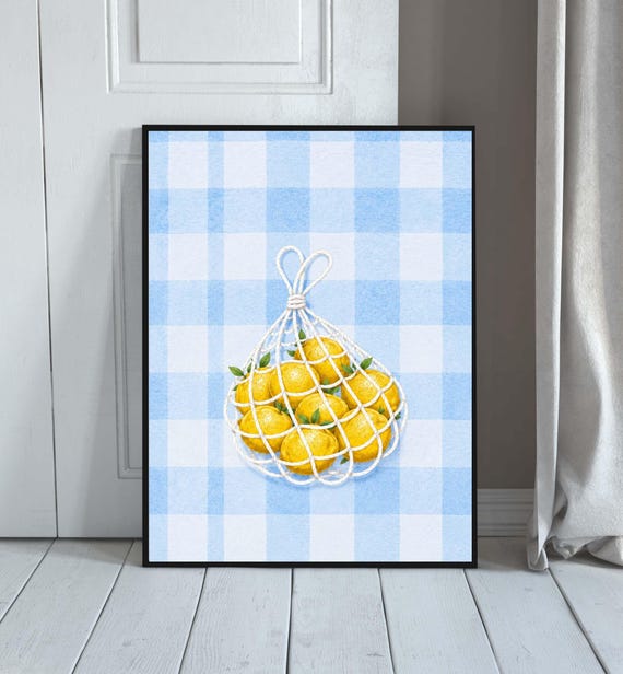 Lemon Wall Art Print Citrus Summer Kitchen Decor Blue Gingham Poster French Country Mediterranean