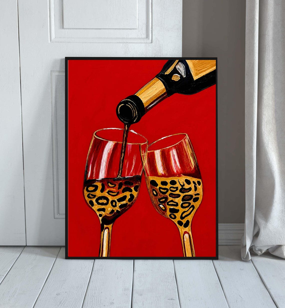 Leopard Spot Wine Glasses Pouring Bold Red Maximalist Party Art Poster