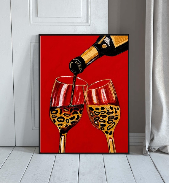 Leopard Wine Glass Wall Art Print Modern Red Abstract Painting Kitchen Decor Dining Room Artwork Minimalist Bar Poster