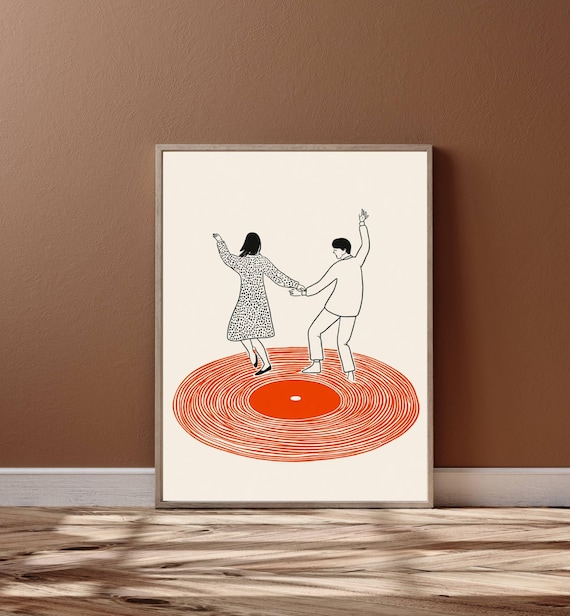 Dancing Couple On Orange Vinyl Record Minimalist Mid Century Wall Art