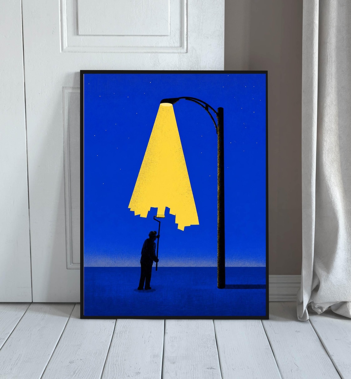 Surreal Painter Rolling Street Lamp Light Cone Blue Night Conceptual Poster