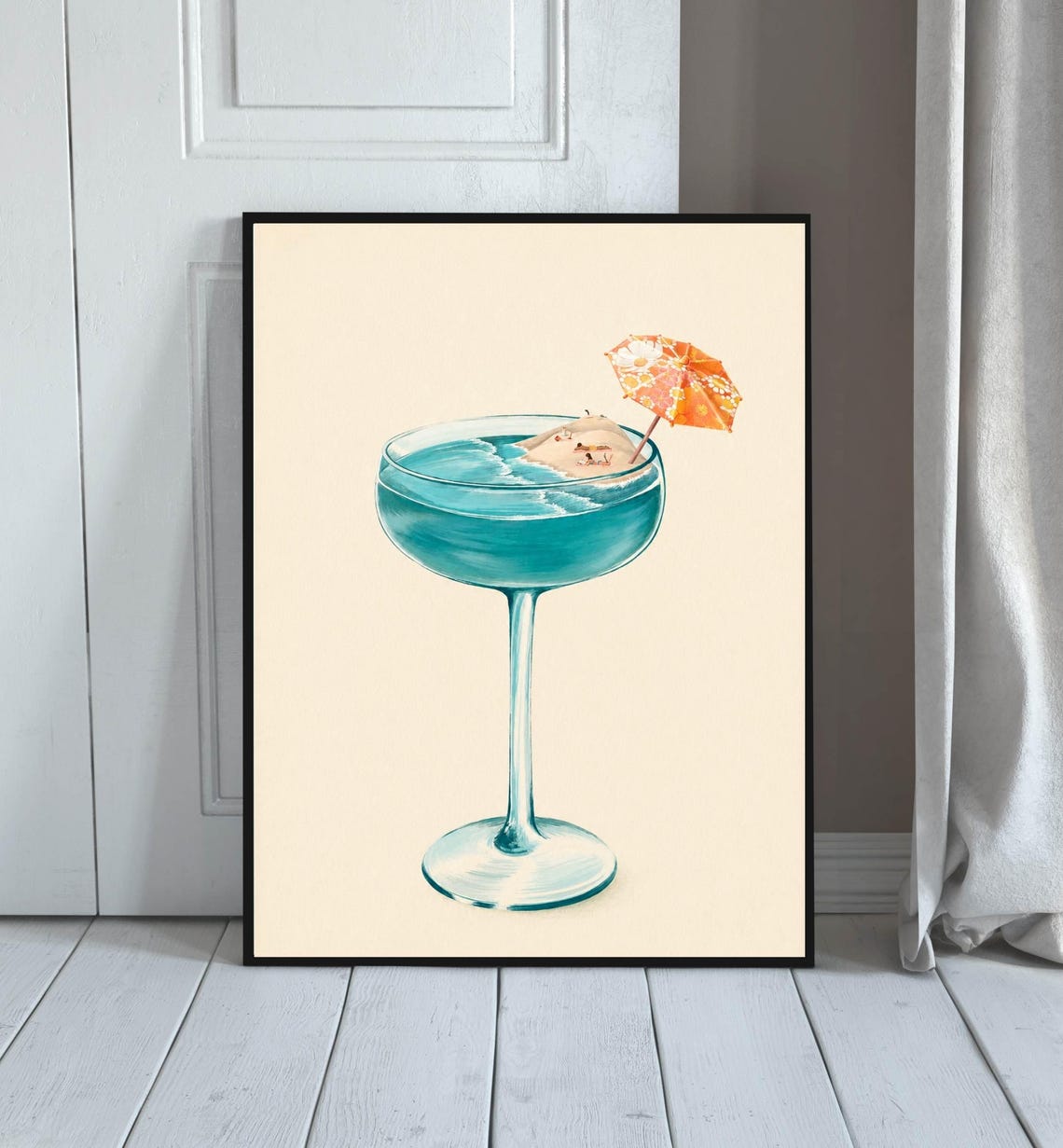 Cocktail Wall Art Tropical Beach Drink Print Blue Summer Bar Decor Coastal Home Poster Watercolor Beverage Artwork