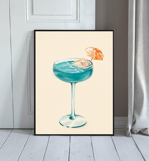 Tropical Cocktail Coupe Glass Tiny Beach Umbrella Whimsical Bar Wall Art