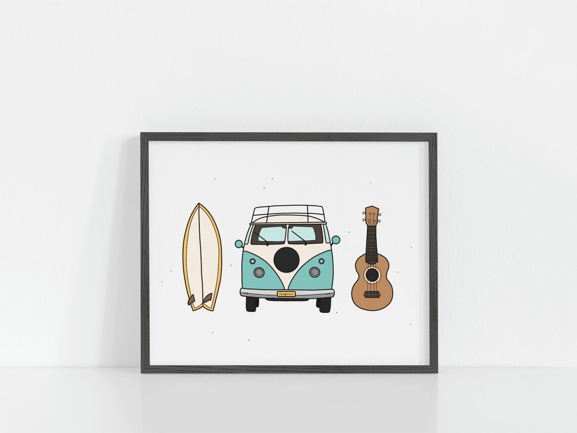 Surfboard Ukulele Camper Van Vintage Travel Poster - Image 3