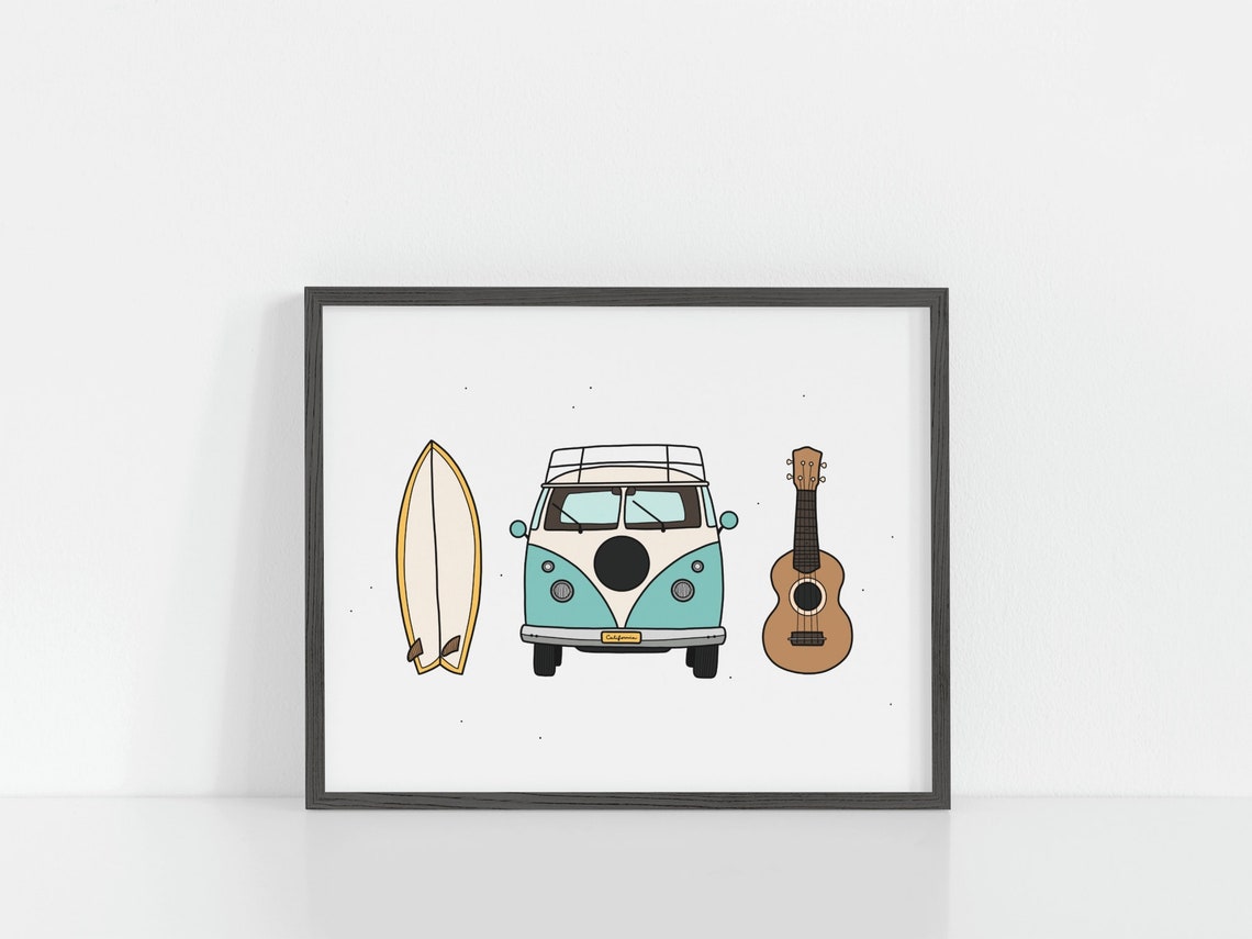 Vintage Teal Camper Van Surfboard Ukulele California Road Trip Poster - Image 3