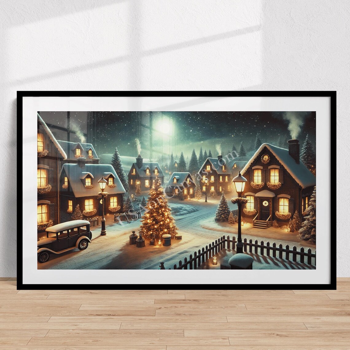 Vintage Christmas Village at Night with Moonlit Snowy Streets Poster