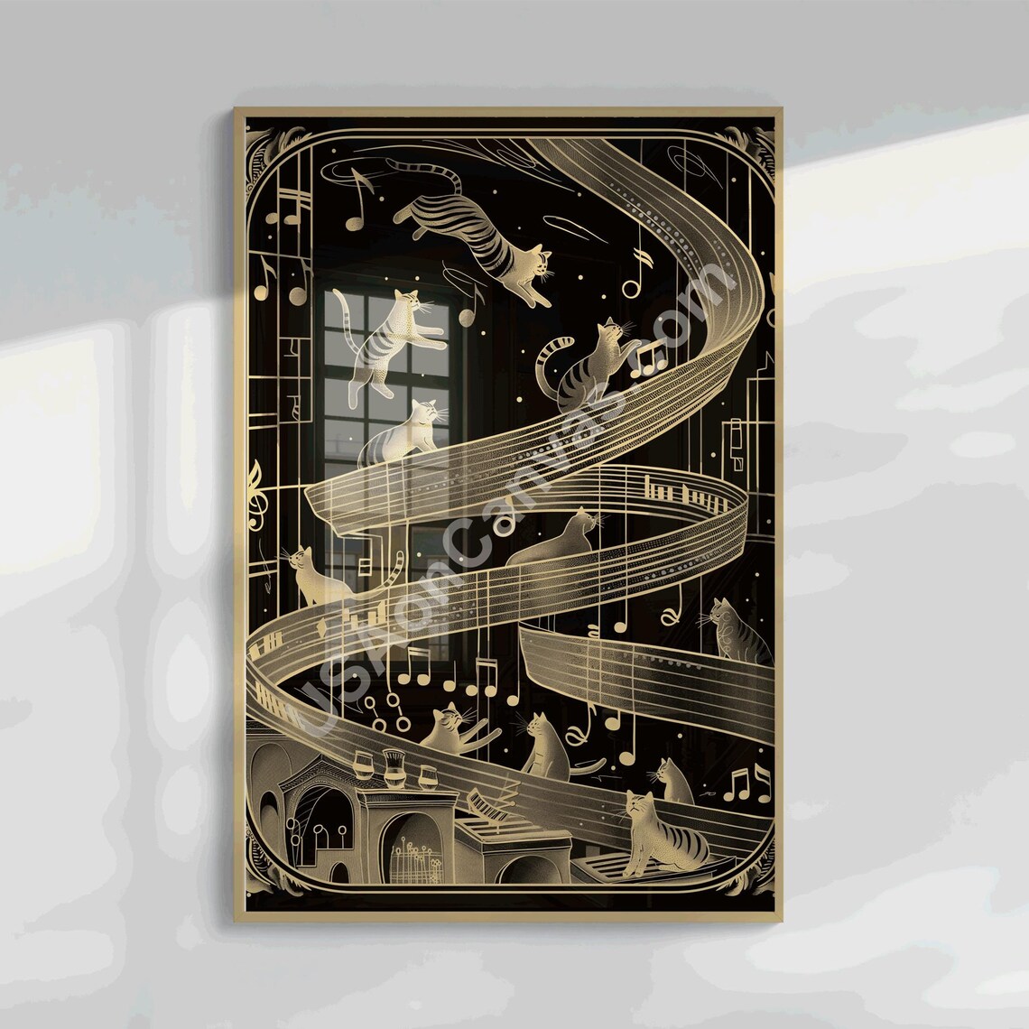 Black And Gold Musical Cats Art Deco Style Jazz Band Art Poster