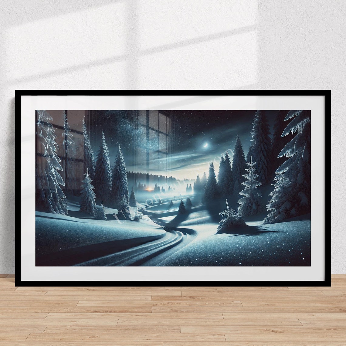Moonlit Winter Forest Night with Snowy Pines and Winding Path Poster
