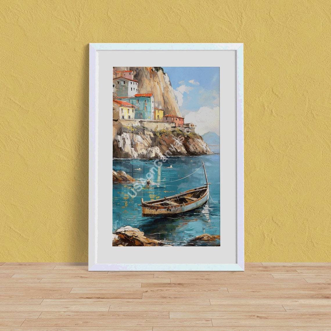 Mediterranean Coastal Village on Cliffs with Boat in Blue Sea Poster