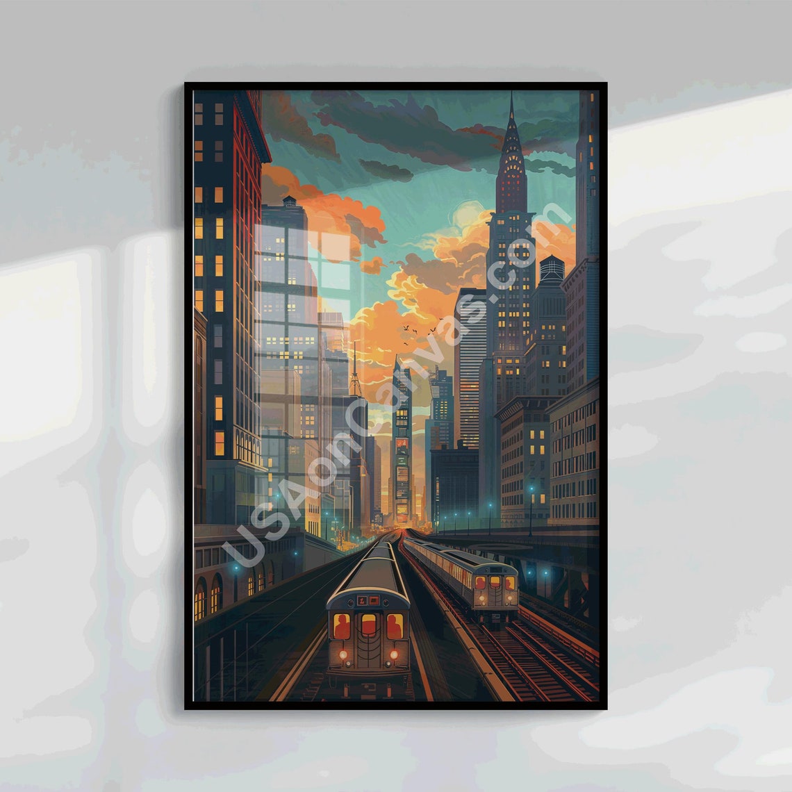 New York City Sunset Skyline With Elevated Train Transit Poster
