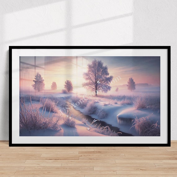 Pastel Winter Wonderland Wall Art Print Tranquil Snowy Landscape At Sunrise Frosty Pink And Purple Holiday Decor
