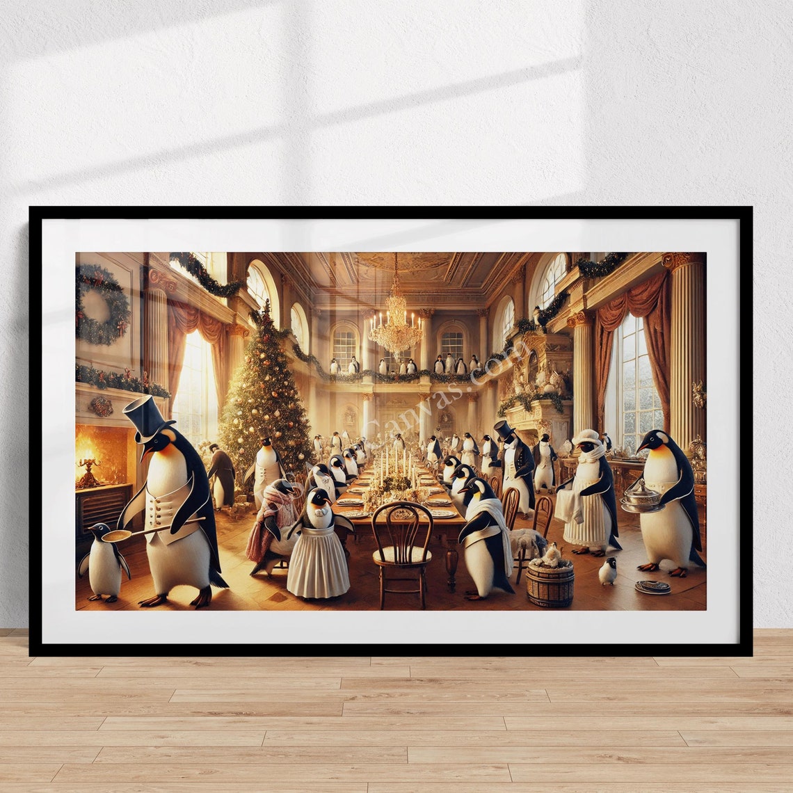 Charming Victorian Penguin Christmas Banquet Grand Hall Poster