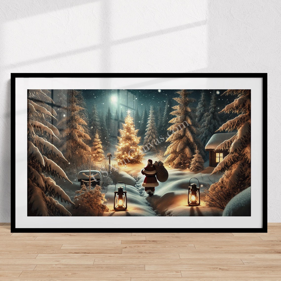 Santa Walking Through Snowy Forest with Lanterns Christmas Poster