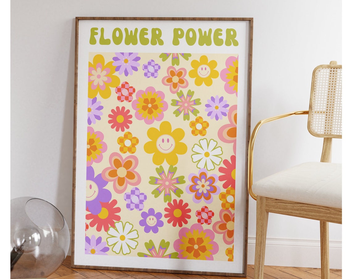 Flower Power Retro Smiley Daisy All Over Pattern Wall Poster