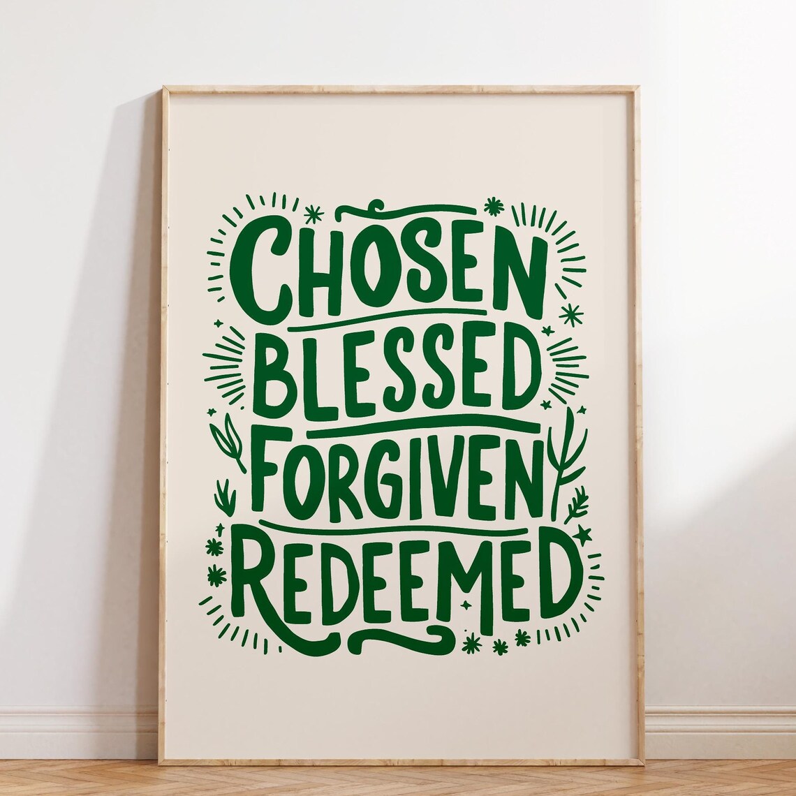 Green Hand Lettered Chosen Blessed Forgiven Redeemed Verse Poster