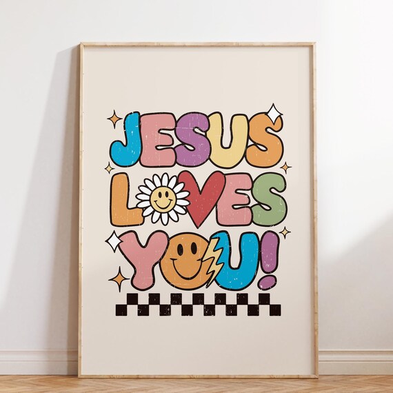 Jesus Loves You Retro Groovy Smiley Daisy Checkerboard Christian Poster