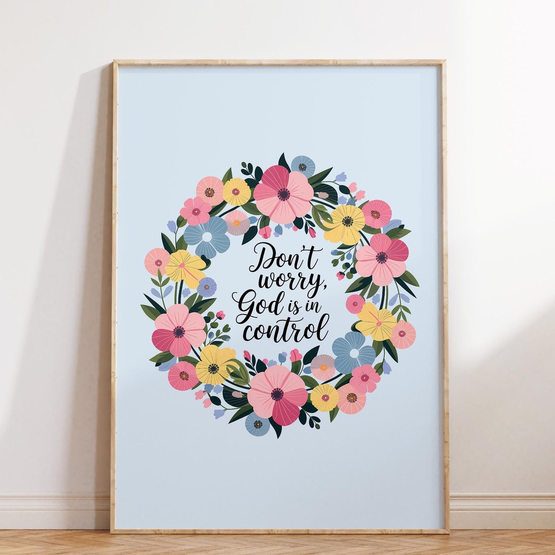 Do Not Worry God Is In Control Retro Floral Wreath Quote Poster
