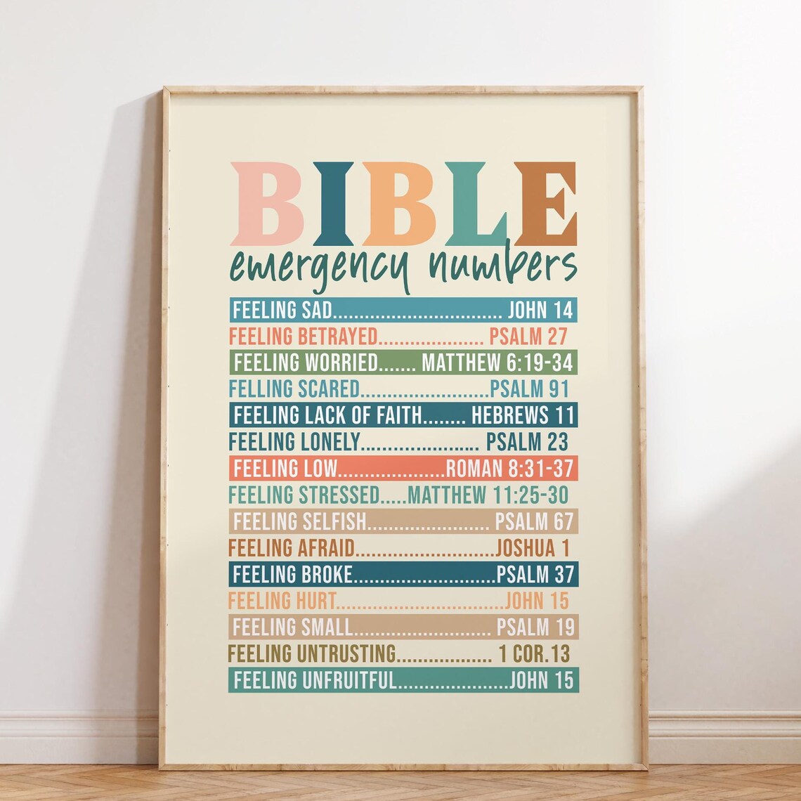 Colorful Retro Bible Emergency Numbers Scripture Verse Art Poster