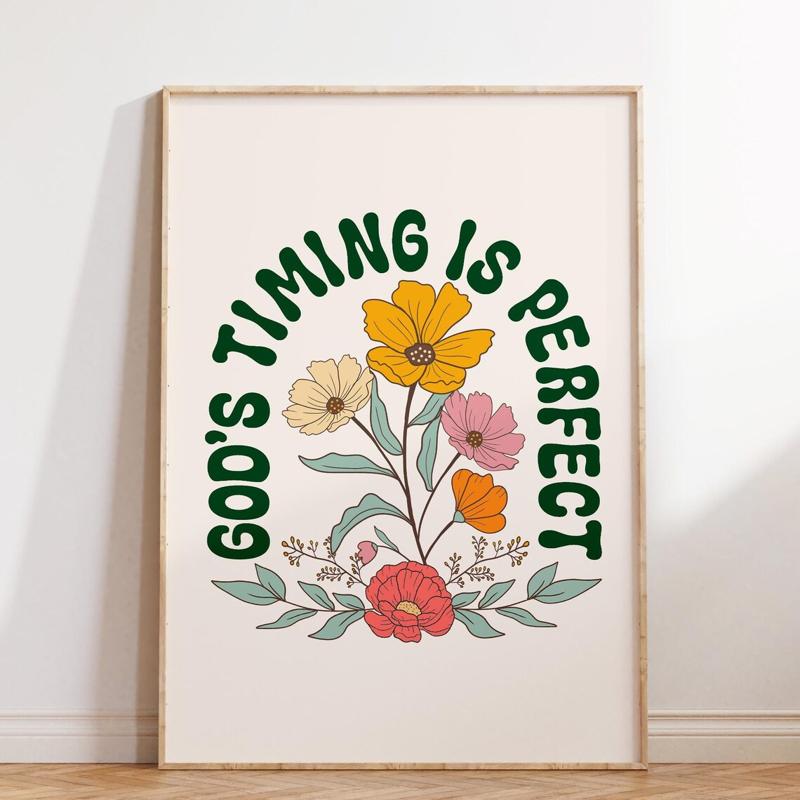God's Timing Is Perfect Retro Floral Christian Wall Quote Poster