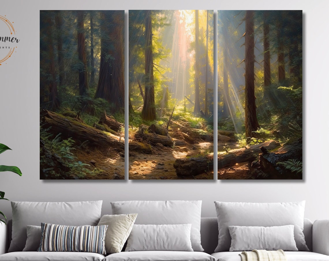 Sunbeam Forest Redwood Trees 3 Panel Canvas Triptych Nature Wall Art