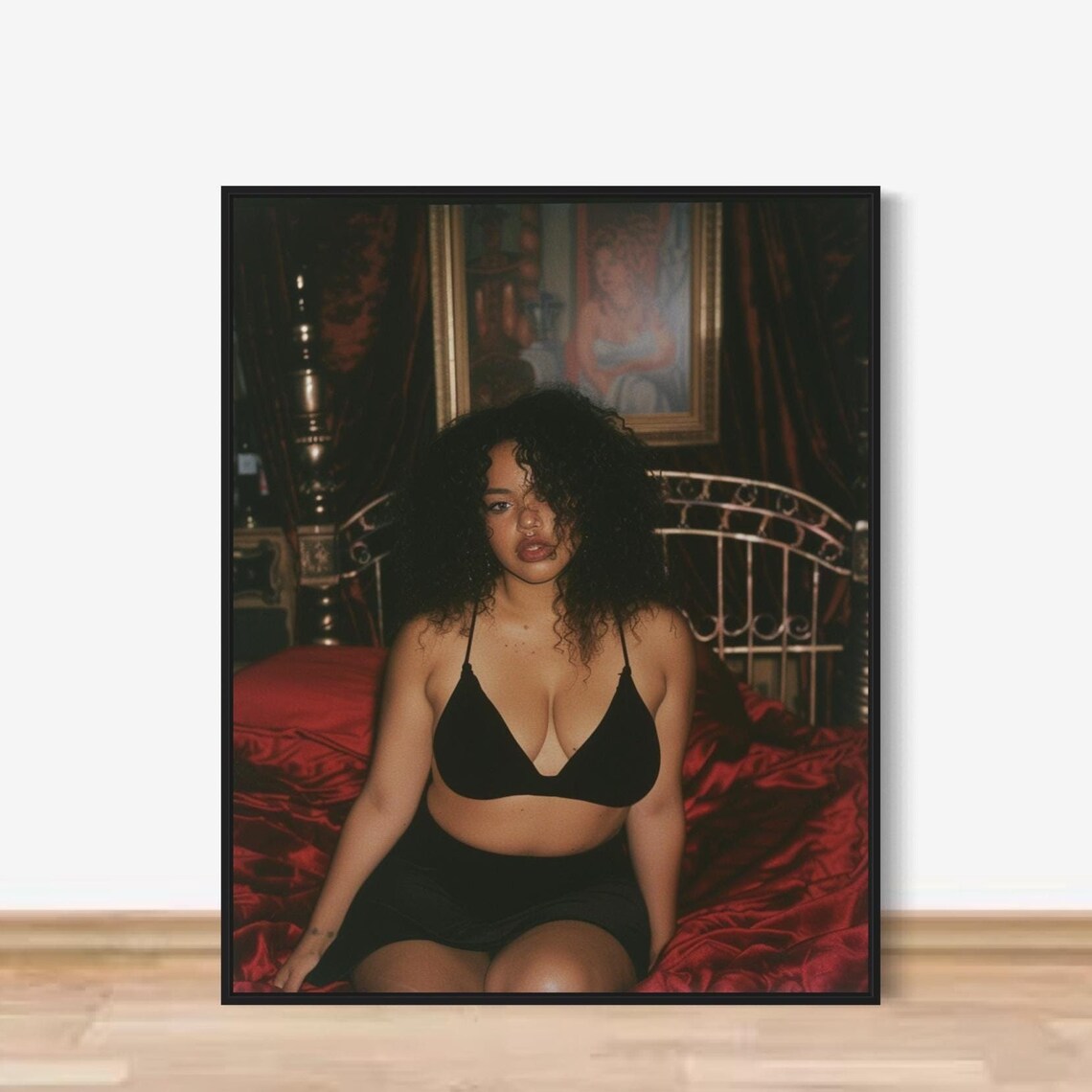 Boudoir Photo Woman Black Lingerie Red Satin Bedroom Art Poster