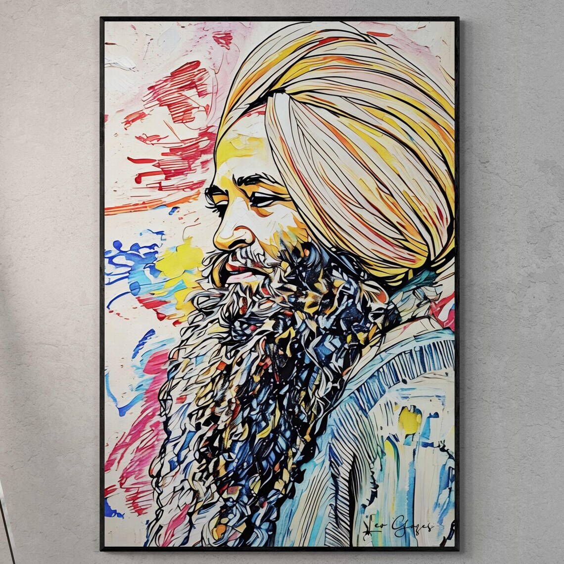 Bearded Man in a Turban Colorful Abstract Line Portrait Art Print