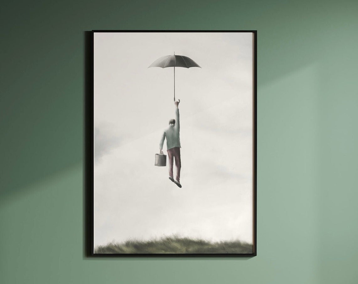 Flying High Umbrella Portrait Surreal Minimal Floating Poster