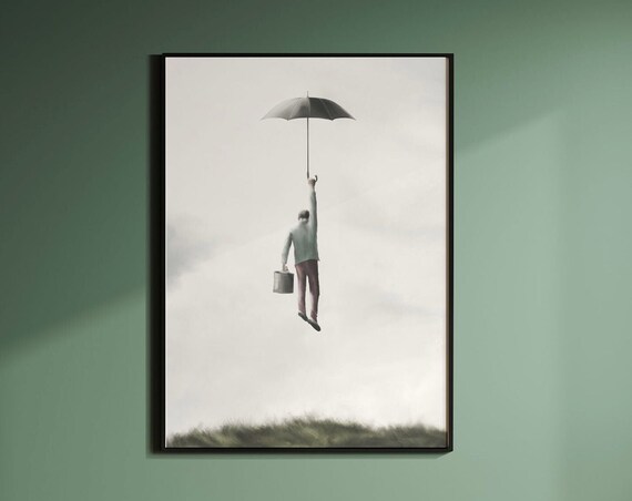 Flying High Umbrella Portrait Surreal Minimal Floating Poster