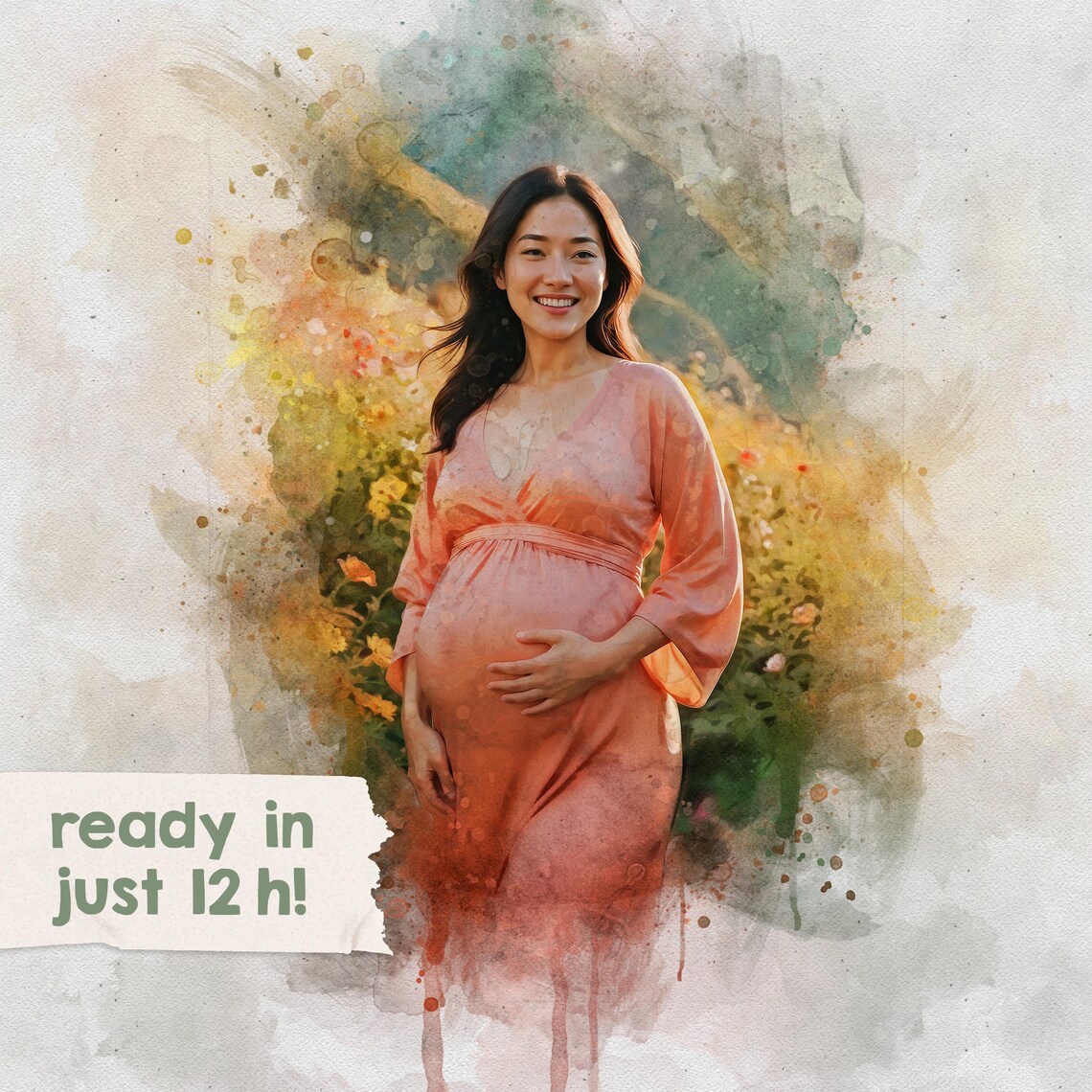 Personalized Pregnancy Watercolor Portrait Expecting Mom Poster