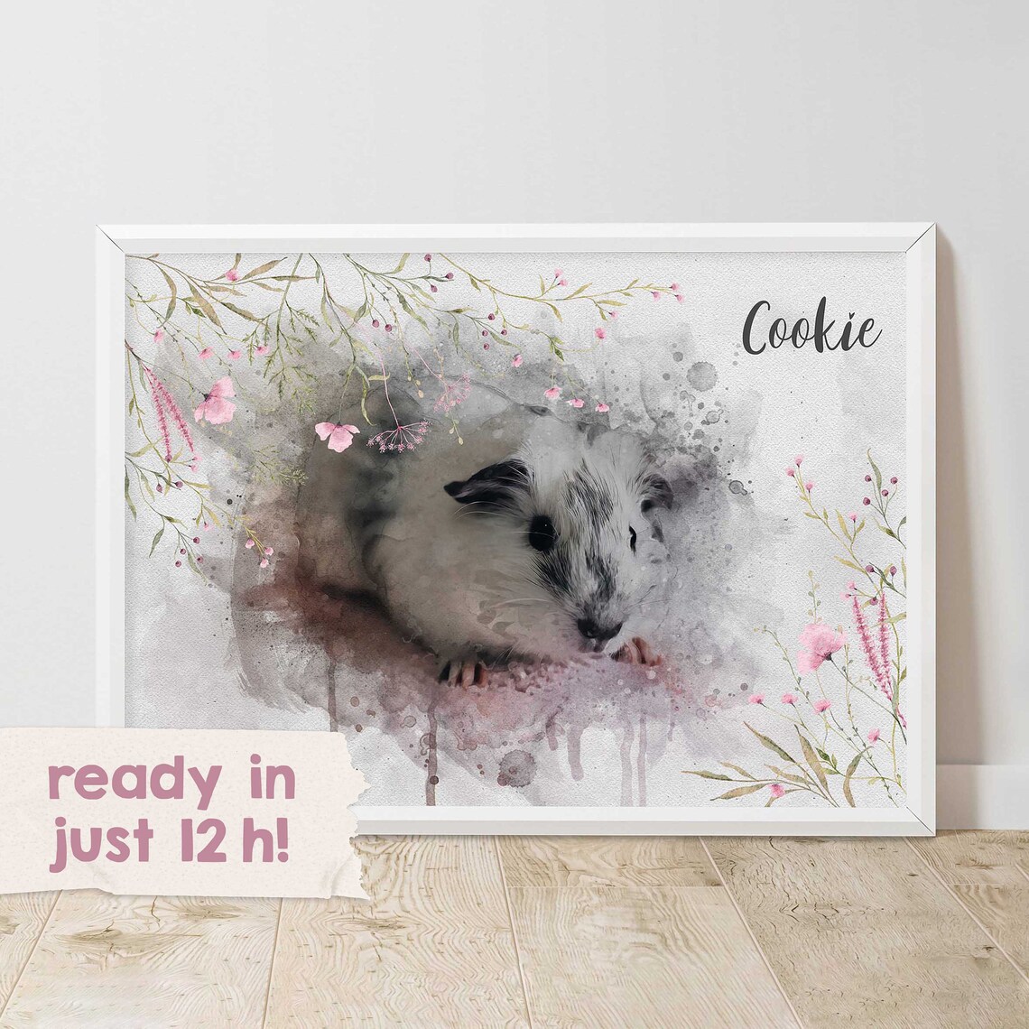 Cookie Guinea Pig Watercolor Portrait Pet Memorial Art Poster