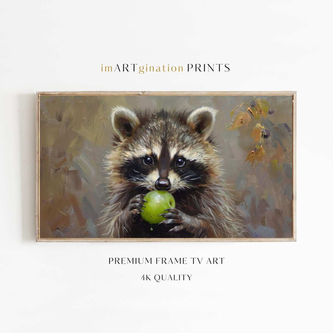 Baby Raccoon Holding Green Grape Cute Vintage Wildlife Animal Oil Painting Poster