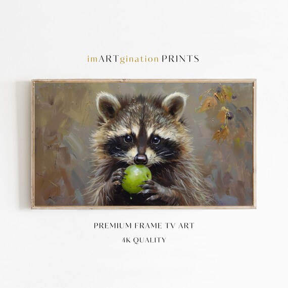 Baby Raccoon Holding Green Grape Cute Vintage Wildlife Animal Oil Painting Poster