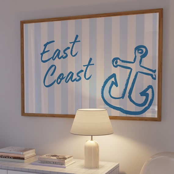 East Coast Script with Blue Anchor Coastal Stripes Nautical Poster