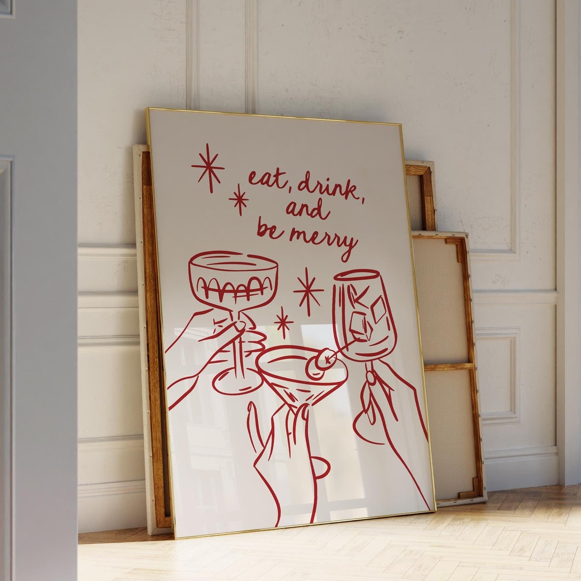 Eat Drink And Be Merry Cocktail Line Art Red Holiday Cheer Poster