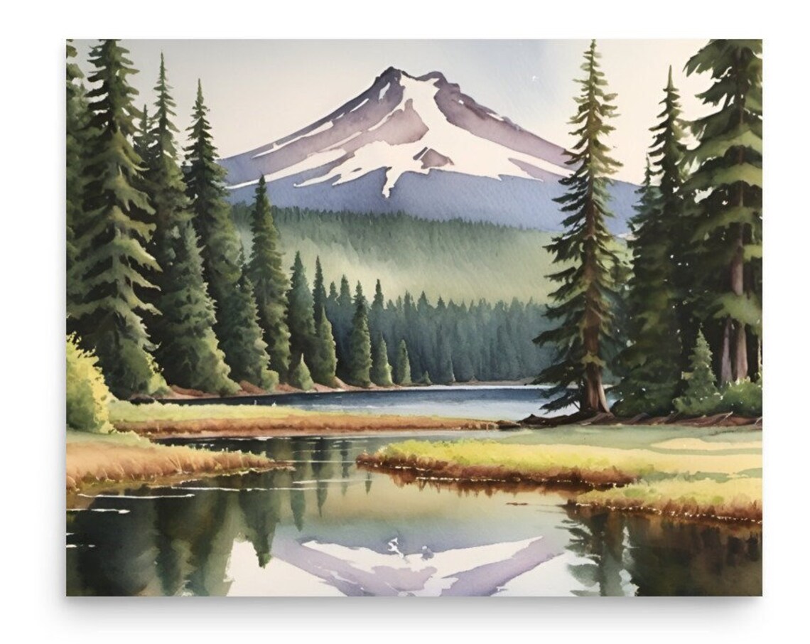 Snow Capped Peak Lake Reflection Evergreen Watercolor Poster
