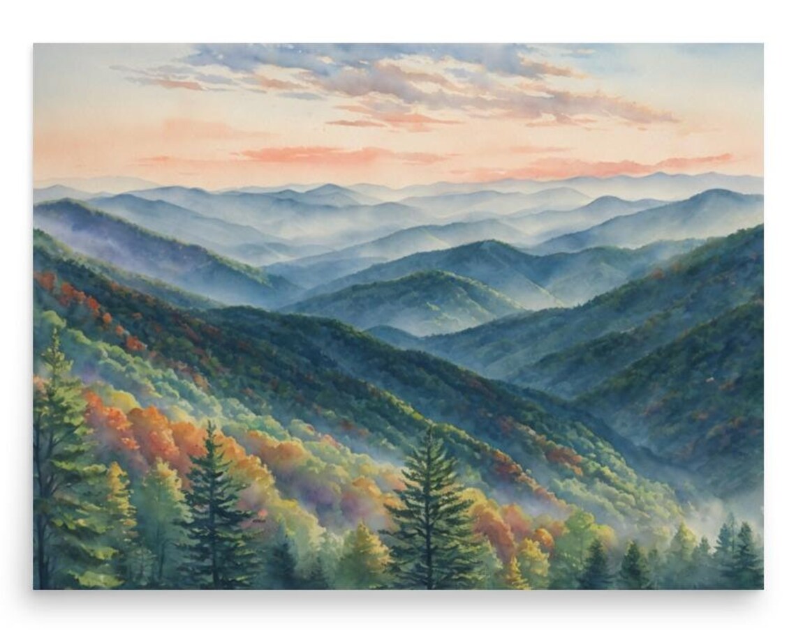 Great Smoky Mountains Watercolor Art Print, Autumn Landscape