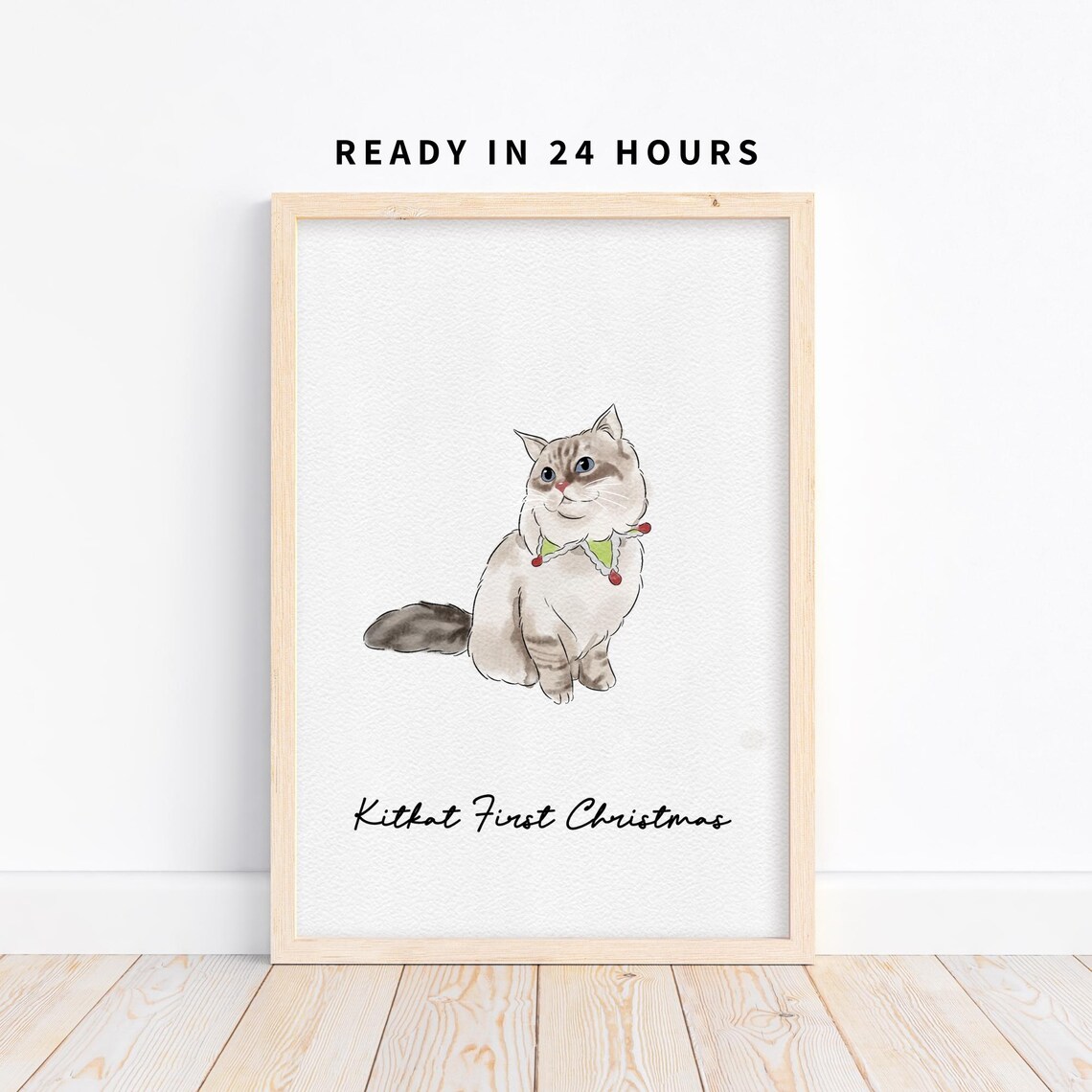 Kitkat First Christmas Cat Portrait Custom Pet Watercolor Holiday Art Poster