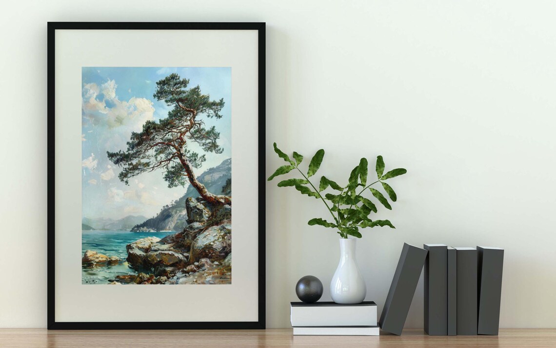 Cliffside Pine Tree Print Pine Tree Vintage Painting Cliffside Tree Portrait Pine Tree Rustic Art Pine Tree Gallery Decor Pine Poster - Image 2