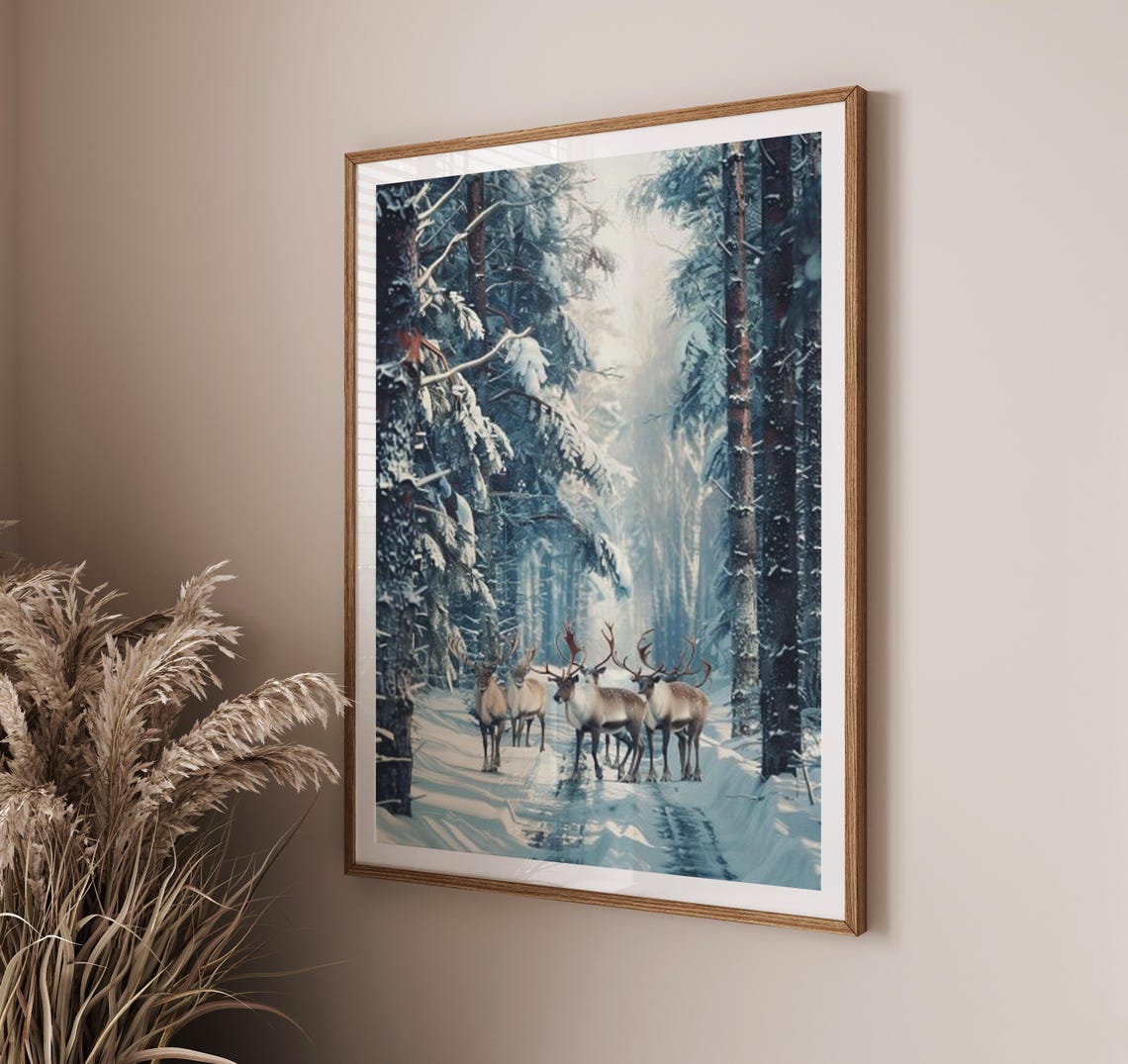Reindeer Herd on a Snowy Trail Through the Pine Forest Poster - Image 3
