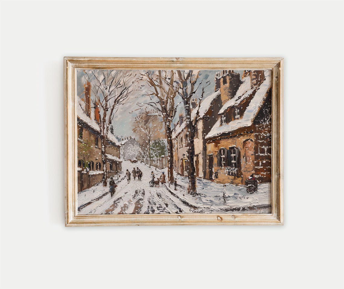 Snowy Cottage Painting Winter Village Portrait Cottage Print Village Decor Winter Cottage Poster Snowy Village Art Cottage Art