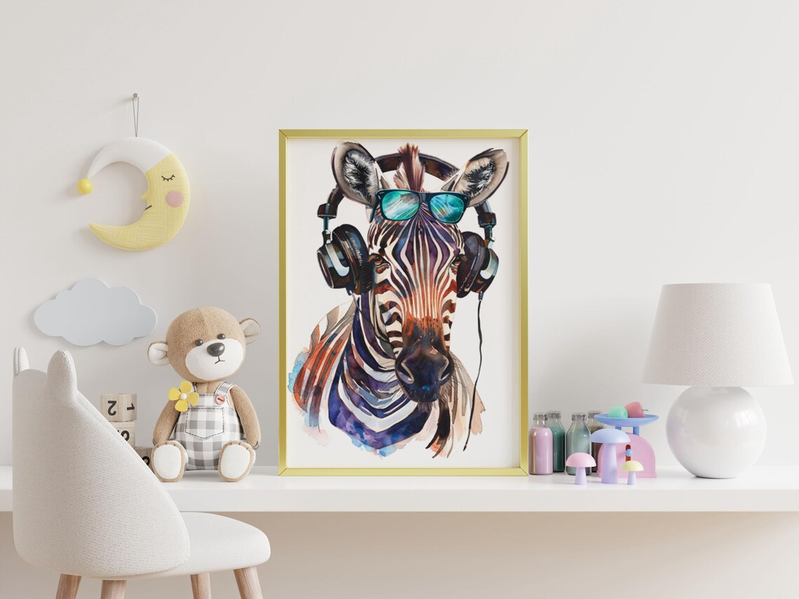 Cool Zebra Wearing Headphones and Sunglasses Watercolor Art Poster