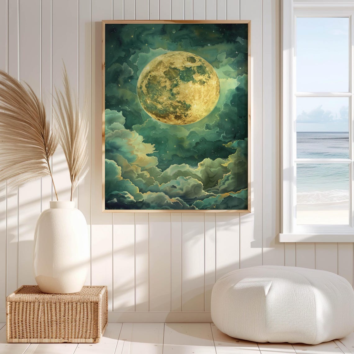 Golden Full Moon Glowing Through Teal Clouds Celestial Art Poster - Image 3