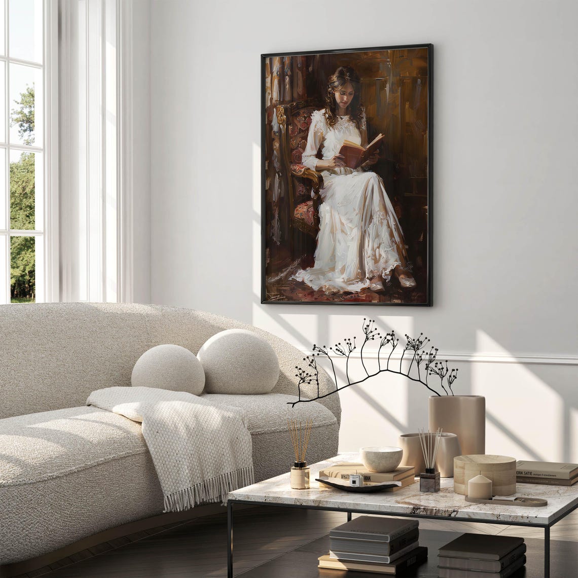 Woman Reading in an Ornate Armchair Rich Wood Interior Poster - Image 5