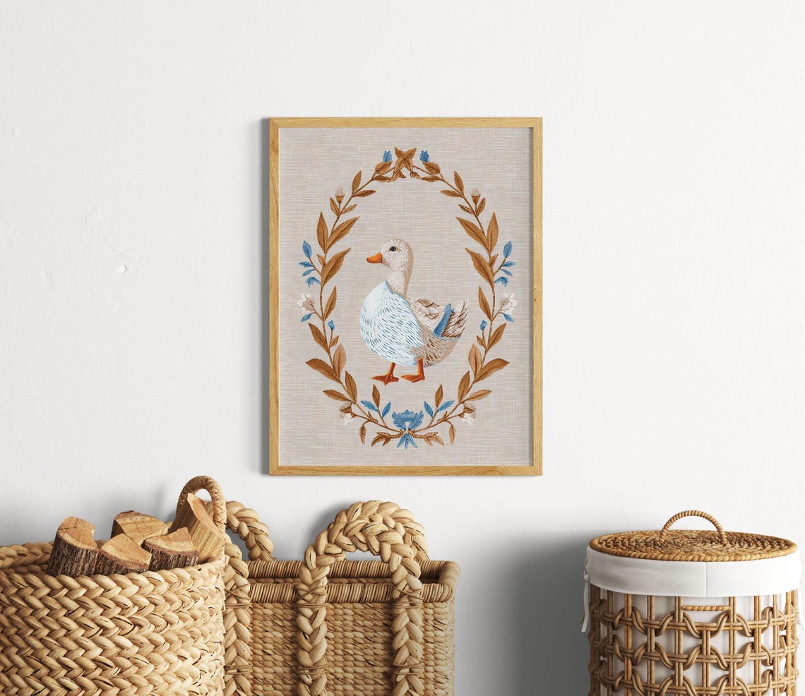 Elegant Duck Inside a Golden Botanical Wreath on Linen Poster - Image 4