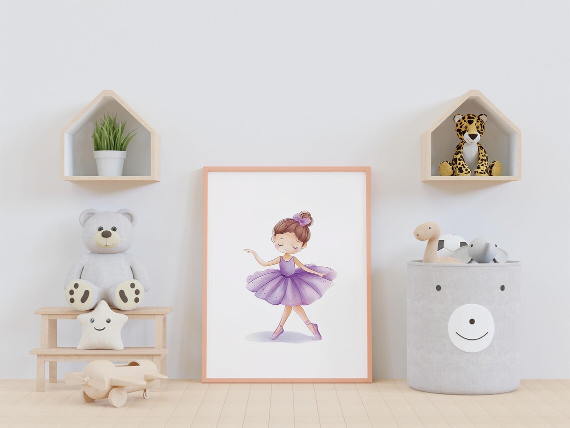 Cute Ballerina Girl in a Purple Tutu Watercolor Nursery Poster
