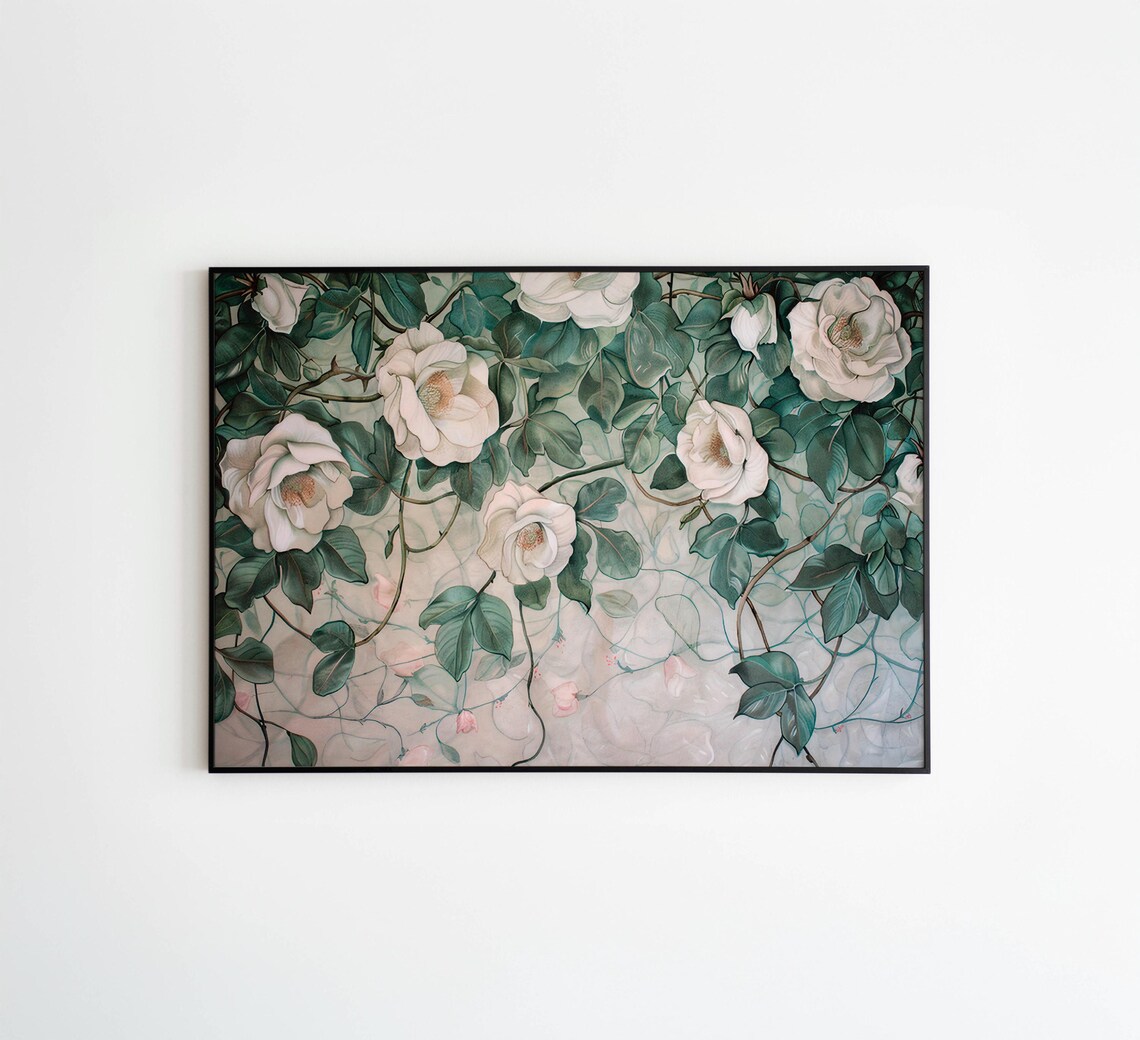 White Climbing Roses With Lush Green Leaves Art Nouveau Wall Art